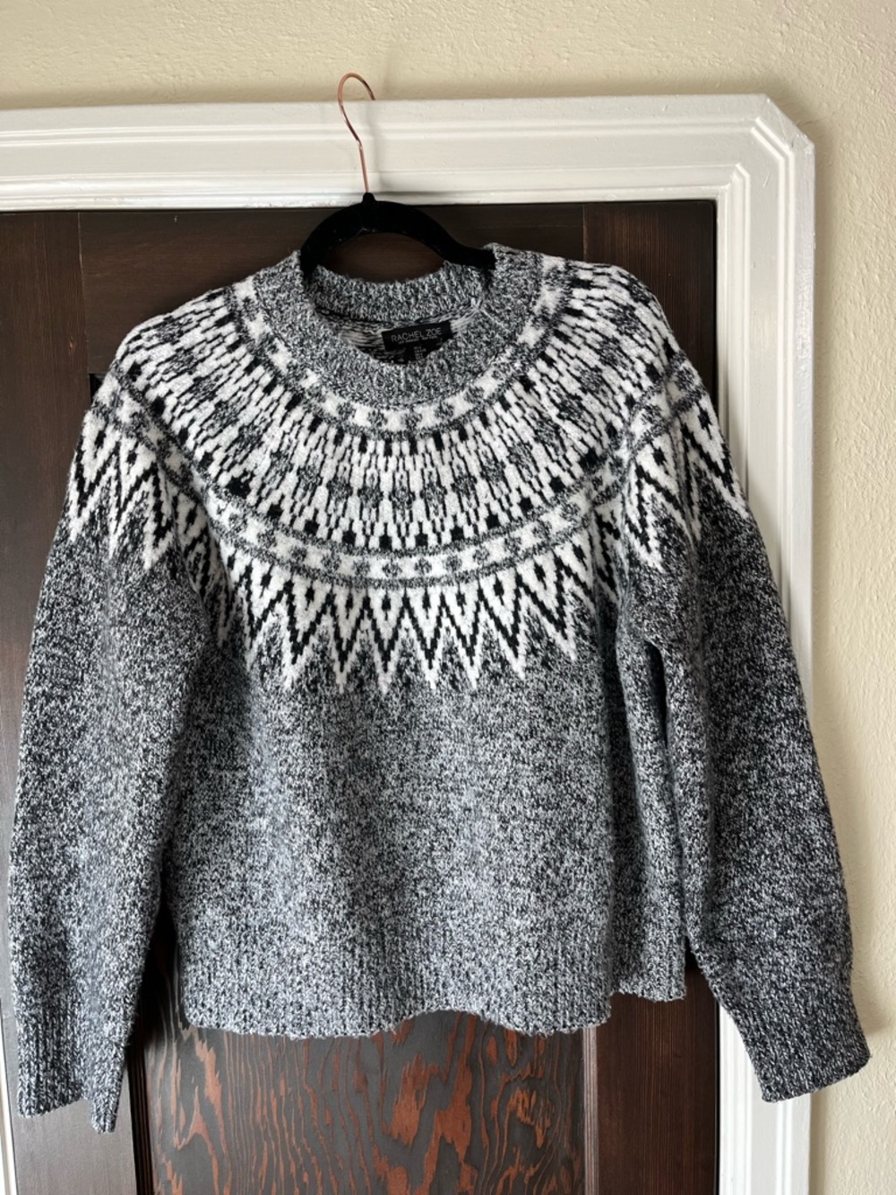 Rachel Zoe Black & White Fair Isle Yoke Crewneck Sweater